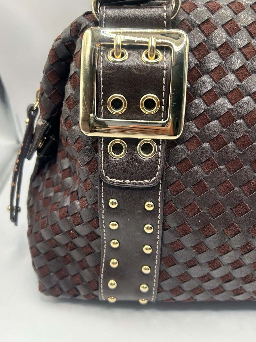 Vintage Brown Woven Satchel with Gold Tone Buckle Detail - Picture 2 of 12